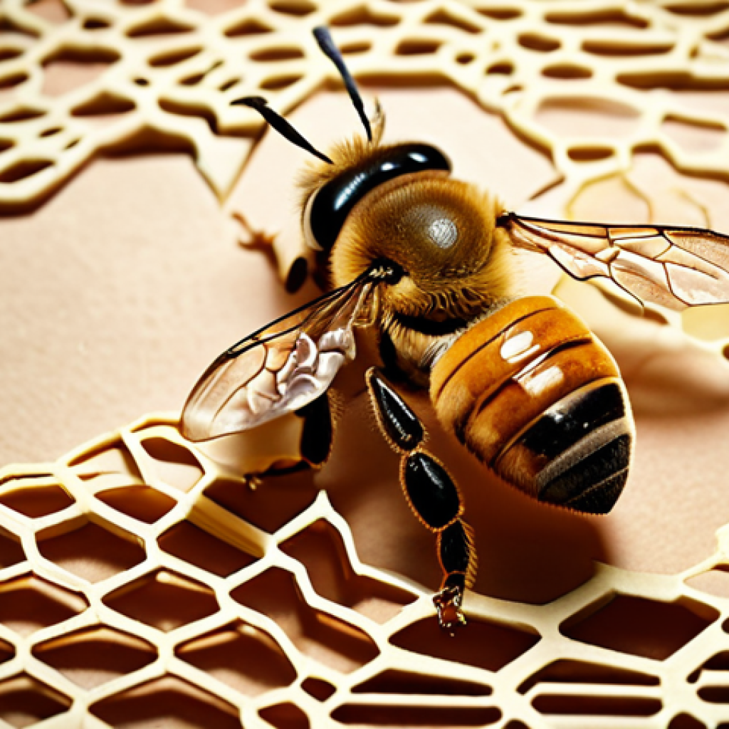 **Bees and Genealogy:** A close-up, macro photograph of a honeybee with DNA strands subtly visualized in the background. The overall style is reminiscent of a vintage family portrait, suggesting ancestry and genetic lineage. Soft, warm lighting.