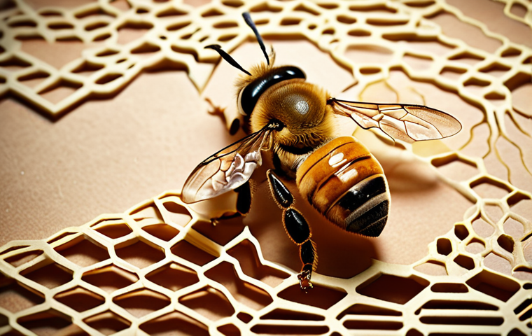 **Bees and Genealogy:** A close-up, macro photograph of a honeybee with DNA strands subtly visualized in the background. The overall style is reminiscent of a vintage family portrait, suggesting ancestry and genetic lineage. Soft, warm lighting.